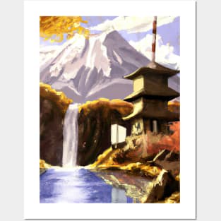 Japan Tower Waterfall Painting Posters and Art